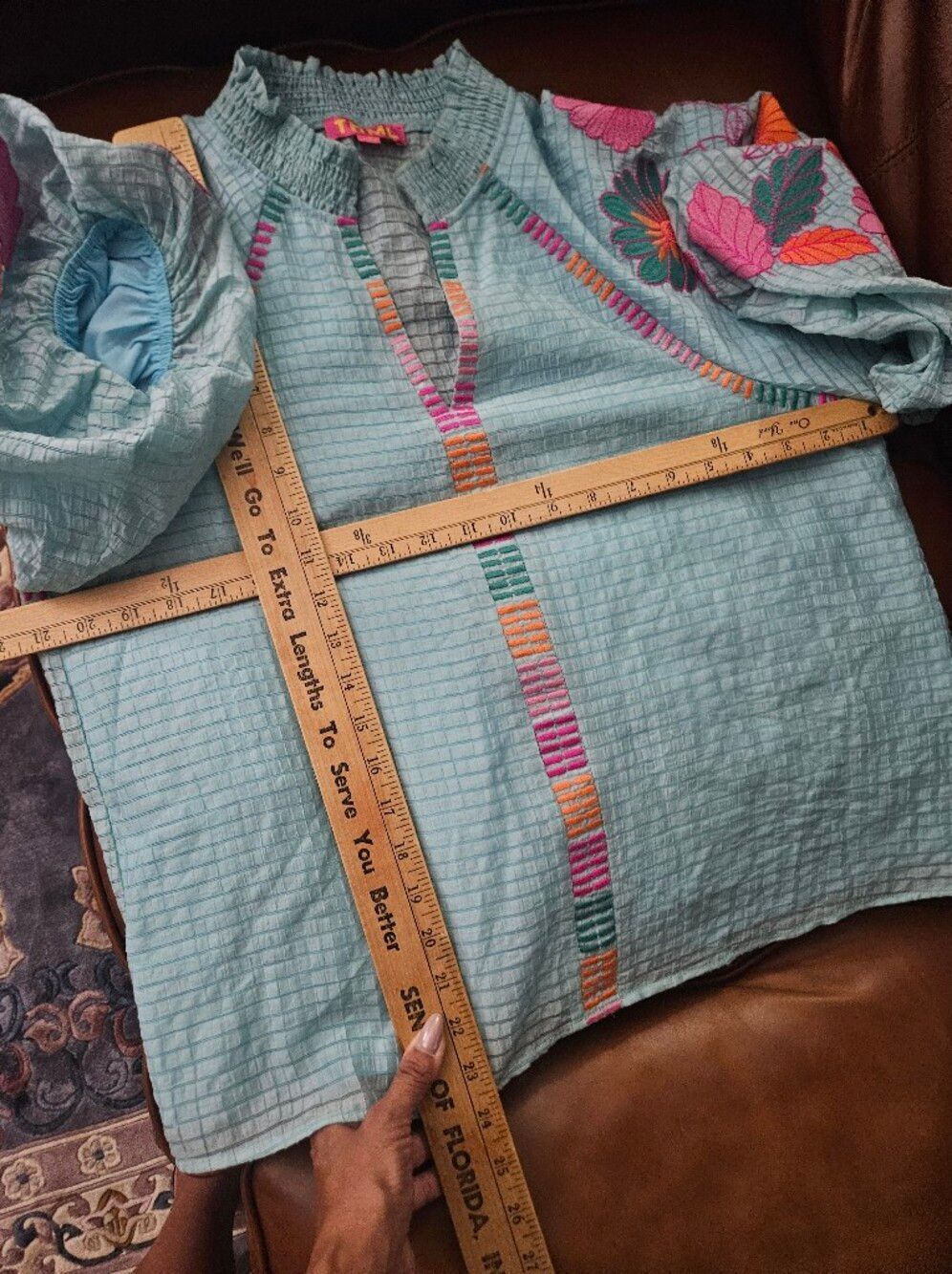 THML Medium Blue Floral Embroidered Puff Sleeve Tencel Blouse Nwot - Picture 6 of 6